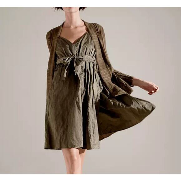 Eileen Fisher Dresses & Skirts - Eileen Fisher Dress Womens 6 Olivine Olive Green Steel Satin‎ Empire Waist Tie